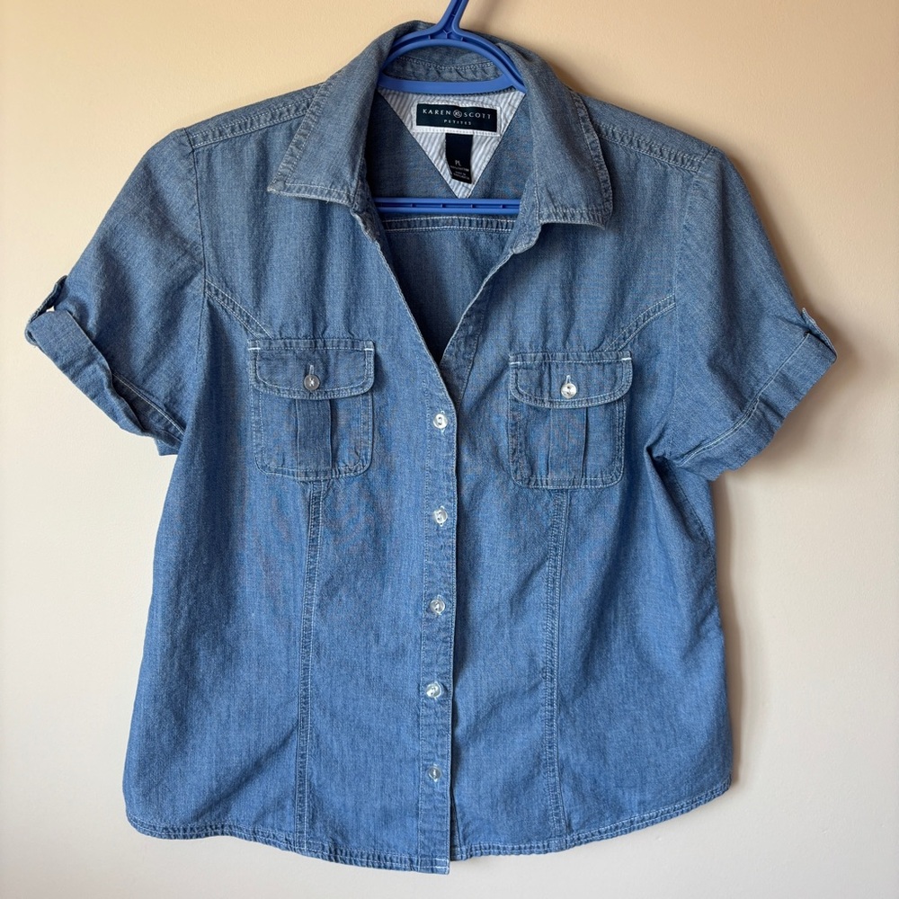 Karen Scott Petite Large Light Blue Button Down Shirt with Pockets